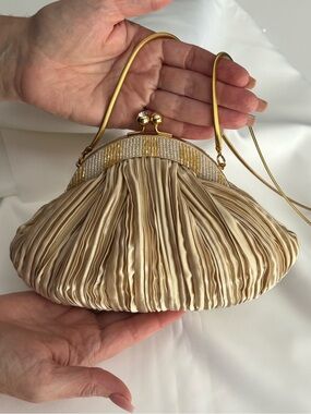 FRANCHI Champagne Pleated Satin Evening Bag Clutch Crossbody